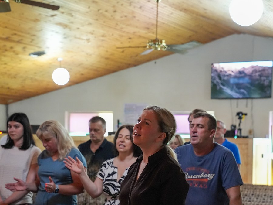 Congregation worshipping during a Sunday service at New Hope Slavic Church