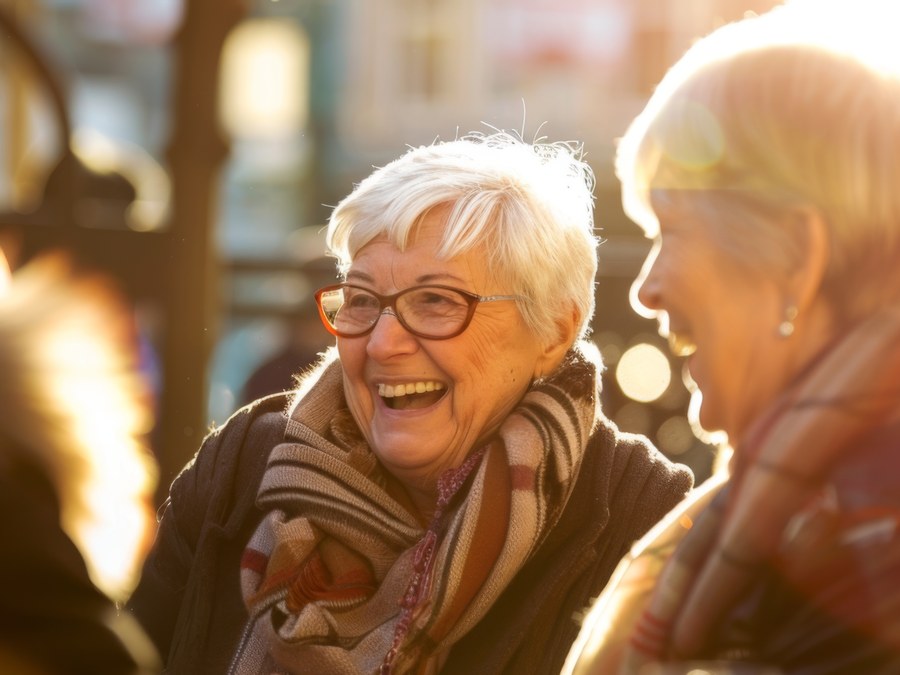 Older women talking and laughing together in warm afternoon light